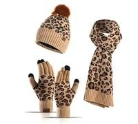 Winter Hat Scarf Gloves Set - 36x28x5cm Warm Knit Beanie, Leopard Print Hat with Matching Scarf and Gloves | Cold Weather Winter Accessories Women Stylish Comfortable Outdoor Outfit Gift Set