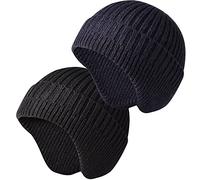 Winter Hat with Ear Flaps Woolly Hats Head Warmer Beanies for Men and Ladies Outdoor, One Size-Black+Navy