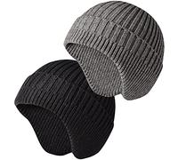 Winter Hat with Ear Flaps Woolly Hats Head Warmer Beanies for Men and Ladies Outdoor, One Size-Black+Grey
