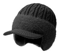 Winter Hats for Men with Ear Flaps UK, Thermal Fleece Lined Windproof Beanie Cap with Brim, Merino Wool Style for Golf, Cycling & Outdoor Sports (54-58cm Unisex) (UK, Alpha, One Size, Black)