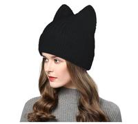 Winter Hats for Women UK - Crochet Cat Ear Beanie, Cable Knitted Thermal Fleece Lined Wooly Hat, Slouch Beanie for Outdoor Sports Black