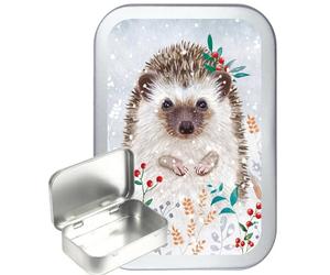 Winter Hedgehog 50ml Silver hinged Tobacco tin,Pocket tin,Pill tin, Travel tin