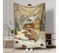 Winter Hedgehog Fleece Blanket, Beige Cozy Woodland Creature Holiday Decor Throw Blanket, Soft Plush Warm Sleep Blanket for Sofa, Bed, Christmas 60x80 Inch