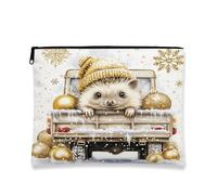 Winter Hedgehog Makeup Bag, Snowy Gold Christmas Cosmetic Pouch for Women, Portable Canvas Zipper Organizer 7x9 Inch