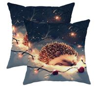Winter Hedgehog Pillow Covers Set of 2, Cozy Woodland Animal Throw Pillows Case, Fun Decorative Square Cushion Covers for Home Sofa Bed Couch 18x18 Inch