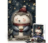 Winter Hedgehog with Acorn And Stars 1000 Pieces Jigsaw Puzzles for Teenagers Think Training Mindful Escape Defined Edges Seasonal Gift (38x26cm)
