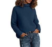 Winter High Neck Knitted Sweater Long Sleeve Rolled Edge Pullover for Cozy Fall Turtleneck Top (Navy, L)-2