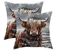 Winter Highland Cow Throw Pillow Covers Set of 2, Grey Rustic Animal Print Cushion Cases, Holiday Decorative Square Farmhouse Decor for Home Sofa Bed Couch 26x26 Inch