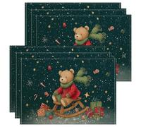 Winter Holiday Bear Placemats, Dark Green Festive Table Mats for Dining, Non-Slip Washable Indoor Outdoor Party Decorative Placemat Set of 6