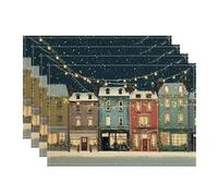 Winter Holiday Colorful Houses Placemats, Festive Decorative Table Mats for Dining Room, Non-Slip Washable Indoor Outdoor Party Placemats Set of 4