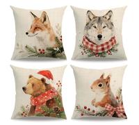 Winter Holiday Decorative Throw Pillow Covers, 18x18 Inch,Watercolor Christmas Animals Wolf Bear Squirrel Fox Cushion Covers Farmhouse Christmas Theme Home Decor Pillowcases 4Pack For Couch Sofa Patio
