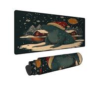 Winter Holiday Large Mouse Pad, Dark Blue Snowy Scene with Sea Cow and Cozy Cabins, Rubber Non-Slip Washable Mousepad for Home and Office Computer, Laptop 12x32 Inch