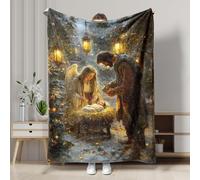 Winter Holiday Nativity Scene Throw Blanket, Warm Beige Cozy Soft Blanket for Sofa, Bed, Christmas Seasonal Decor, Angel & Baby Jesus Design 60x80 Inch