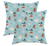 Winter Holiday Pillow Covers Set of 2, Light Blue Gingerbread and Christmas Pudding Decorative Throw Cushions, Festive Home Sofa and Couch Décor 16x16 Inch