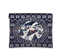Winter Holiday Train Scene Christmas Makeup Bag 7x9 Inch | Winter Village Motif, Cosmetic Bag, Fair Isle Snowflake Pattern, Nostalgic Holiday Theme, Convenient Zippered Storage