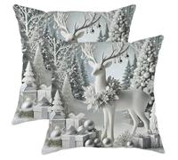 Winter Holiday White Reindeer Throw Pillow Covers, Elegant Silver Forest Cushion Cases, Festive Xmas Decoration for Home Sofa Bedroom Living Room 18x18 Inch
