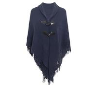 Winter Hooded Poncho Cape for Women Warm Fleecy Cardigan Sweater Cloak Button Autumn Winter Ladies Knitted Hooded Poncho Capes Shawl Wrap Top with Fringed Hem Crochet Cape 2024 Plus (Navy, One Size)