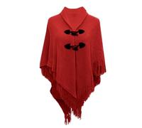 Winter Hooded Poncho Cape for Women Warm Fleecy Cardigan Sweater Cloak Button Autumn Winter Ladies Knitted Hooded Poncho Capes Shawl Wrap Top with Fringed Hem Crochet Cape 2024 Plus (Red, One Size)