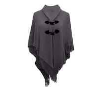 Winter Hooded Poncho Cape for Women Warm Fleecy Cardigan Sweater Cloak Button Autumn Winter Ladies Knitted Hooded Poncho Capes Shawl Wrap Top with Fringed Hem Crochet Cape 2024 Plus (Grey, One Size)