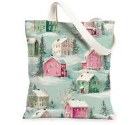 Winter House Pattern Canvas Tote Bags, Stylish Floral Design Reusable Grocery Bags, Lightweight Washable Shoulder Strap Can, Pastel, 13x15 Inch