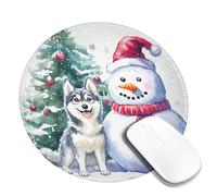 Winter Husky and Snow Man Desk Mouse Pad, Cute Dog Christmas Design, Rubber Non-Slip Washable Gaming Mousepad for Home and Office Computer, Laptop Round 8x8 Inch