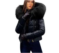 Winter Jacket for Women UK Shiny Puffer Jacket Cropped Quilted Down Jacket Ladies Lightweight Waterproof Jackets with Fur Hood Plus Size Slim Coat Long Sleeve Warm Outwear for Outdoor Hiking Walking