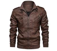 Winter Jacket Men's Faux Leather Biker Jacket, Kanpola Large Size Aviator Jacket Leather Field Jacket with Kent Collar Zipper Military Men's Jacket - Brown - L