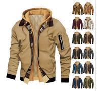 Winter Jackets for Men,Fake Two-Piece Spliced Plaid Interior with Pockets Warm for Casual Flight Jacket Autumn Winter Hooded Coat Workwear Fleece Jacket Mens Waterproof Windproof Parka Jackets S-3XL