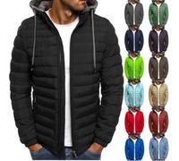 Winter Jackets for Men Lightweight Down Jacket Solid Hooded Long Sleeve Full Zip Warm Coat Padded Cotton Quilted Coat Outdoor Softshell Waterproof Windproof Puffer Coat Pockets Hiking Travel S-3XL