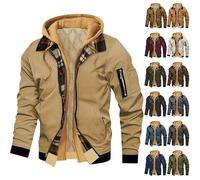 Winter Jackets for Men Thermal Mens Fleece Jackets Full Zip Puffer Coat Fake Two Piece Spliced Plaid Interior Thermal Warm Down Coats Plaid Hoodies Casual Outdoor Hooded Windproof Parka Jacket