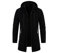 Winter Jackets for Men UK Long Trench Coat with Hood Knitted Cardigan Warm Fleece Plush Winter Coats Regular Fit Mid Length Overcoat Solid Color Zip Up Jacket Windbreaker Coat with Zipper Pocket