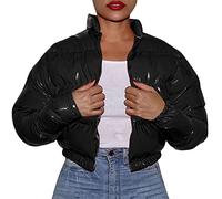 Winter Jackets for Women Fashion Warm Shiny Cotton-Padded Short Jacket Women's Cropped Puffer Jacket Lightweight Quilted Glossy Zip Up Stand Collar Womens Coats with Pockets Plus Size Overcoat Black