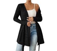 Winter Jackets for Women UK 2025 New Womens Tie Front Cardigans Lightweight Long Sleeve Open Front Cardigan Sweaters Trendy Fall Clothes Cover Ups Plus Size Slim Trench Coat Warm Outwear (Black, XXL)