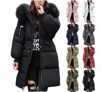 Winter Jackets For Women Uk 2025 Quilted Down Long-Lenght Puffer Coats Ladies Lightweight Waterproof Jacket With Fur Hood Plus Size Slim Trench Coat Warm Outwear Solid Color Full Zip Womens Parka Coat