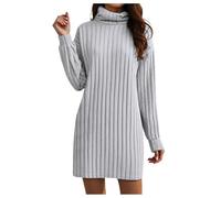 Winter Jumper Dresses Women Stretchy Knitted Dress Ladies Long Sleeve Turtleneck Slim Fit Cable Tunic Sweater Dress High Neck Straight Fit Autumn Winter Tunic Dresses (Light Gray, XXL)
