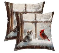 Winter Kitten and Cardinal Throw Pillow Covers, Cute Cat Bird Cushion Cases, Christmas Holiday Decoration Soft Velvet Pillow for Home Living Room Bedroom 20x20 Inch