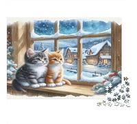 Winter Kittens by Window Jigsaw Puzzle Two Cats on Sill 1000 Pieces Extra-thick Cardboard 100% Recycled for Seniors Brain Gift 52x38cm/1000pcs
