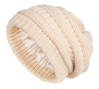 Winter Knit Beanie for Women Satin Lined Cable Thick Chunky Cap Mens Soft Slouchy Warm Hat - Beige - One Size
