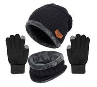 Winter Knit Beanie Hat Neck Warmer Gloves Set, Fleece Lined Skull Cap Infinity Scarves Touch Screen Mittens for Men Women, Black, One Size