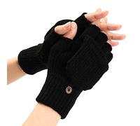 Winter Knit Convertible Fingerless Wool Thermal Gloves - Unisex Womens (Black, One Size)
