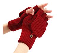 Winter Knit Convertible Fingerless Wool Thermal Gloves - Unisex Womens (Red, One Size)