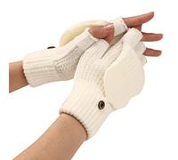 Winter Knit Convertible Fingerless Wool Thermal Gloves - Unisex Womens (White, One Size)