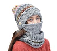 Winter Knitted Hat Neck Three Riding Windproof Ear And Thick Woolen Hat Silk Hair Bag for Sleeping (Grey, One Size)