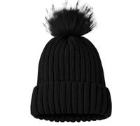 Winter Knitted Hats for Women Beanie Hat with Faux Fur Pom Pom Hats Solid Color Chunky Knit Turn Up Cap Stretch Soft Thermal Caps Versatile Thicken Windproof Accessories for Snowboard Outdoor Black