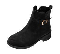 Winter Ladies Casual Ankle Boots with Chunky Heel Solid Color Design and Stylish Belt Buckle Detail for Everyday Wear (Black, 6. 5)