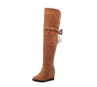 Winter Ladies Fashion Retro Suede Over The Knee Boots with Detachable Bow and Elevated Heel for Stylish Comfort (Brown, 5. 5)
