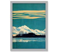 Winter Lakeside Landscape With Snowy Mountains Duotone Teal Artwork Framed Wall Art Print A4 Artery8 Light Grey One Size