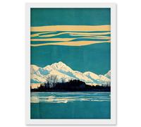 Winter Lakeside Landscape With Snowy Mountains Duotone Teal Artwork Framed Wall Art Print A4 Artery8 White One Size