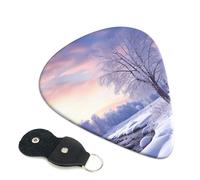 Winter Landscape Guitar Picks 6 Pack with Leather Guitar Pick Holder Keychain, Plectrum Key Fob Cases Bag, Abstract Art Plectrum for Acoustic Electric Guitar, Ukulele 0.71mm