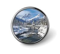 Winter Landscape in The Alps Round Lapel Pin Women's Novelty Buttons & Pins Metal Badge Cute Brooch Retro Pinback Badge Fashion Bag Pins for Hat Backpacks Tie Suit Wedding Party Accessory, silver